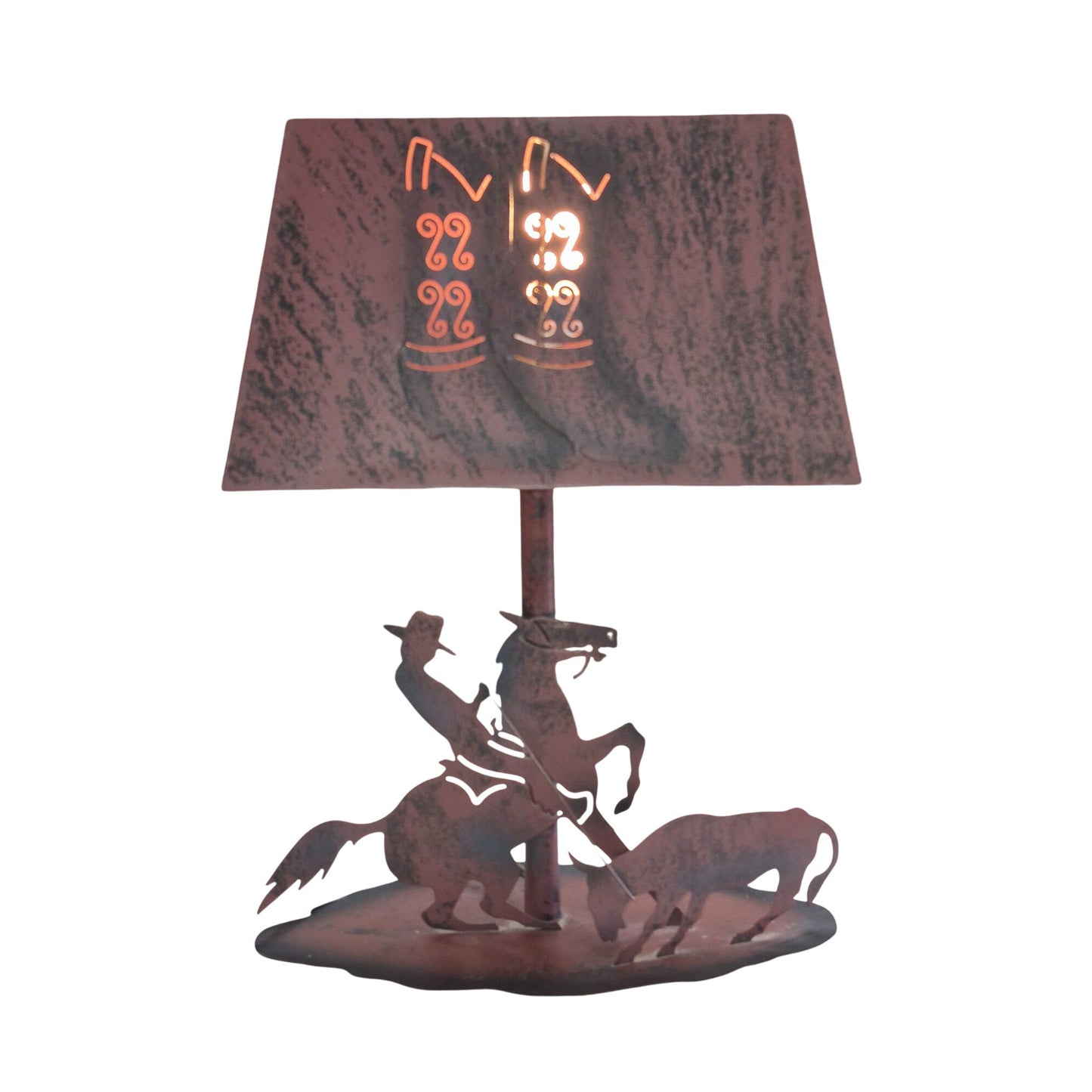 VTG Western Decor Cut Metal Bedside Table Lamp Rodeo Cowboy Boots Calf Roping