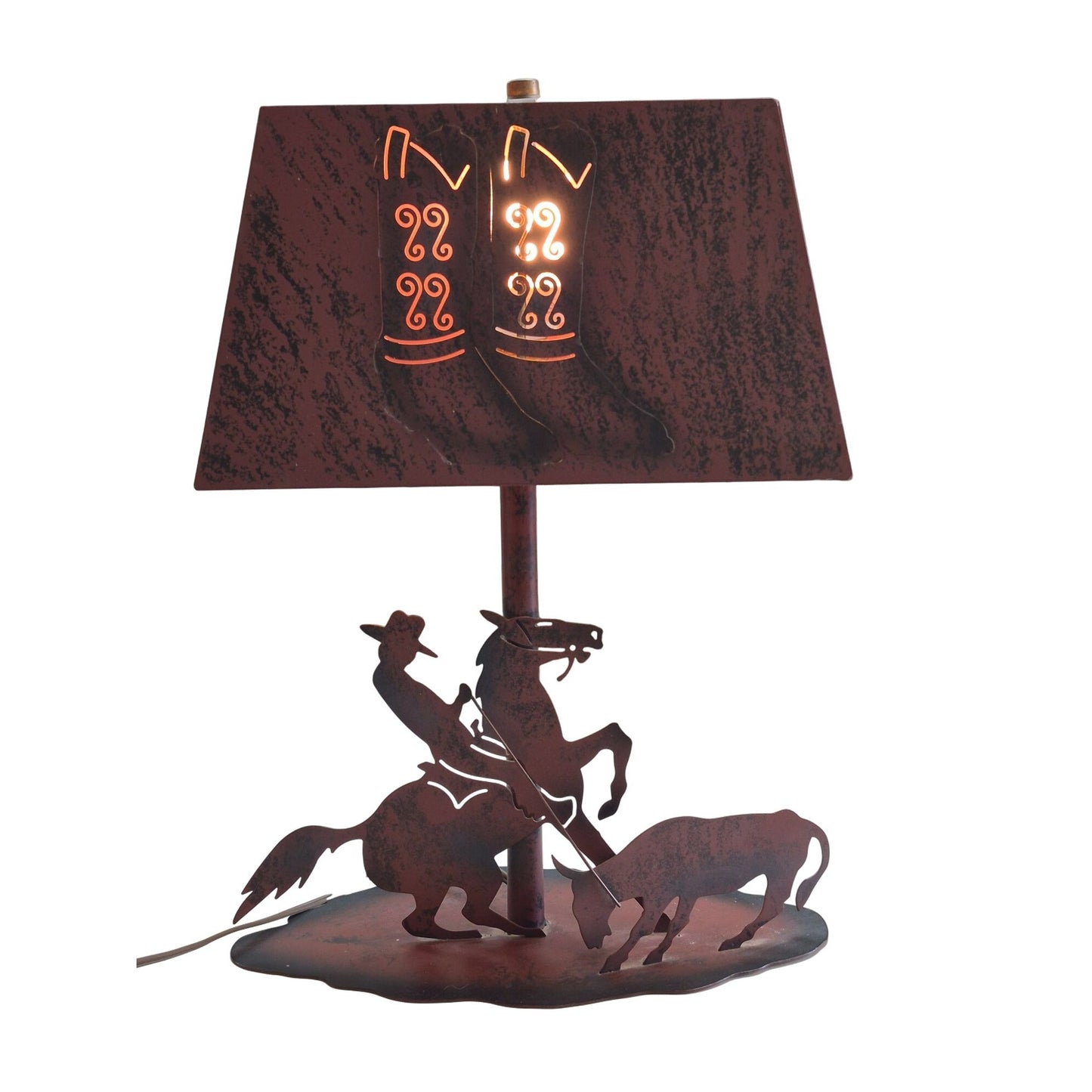 VTG Western Decor Cut Metal Bedside Table Lamp Rodeo Cowboy Boots Calf Roping