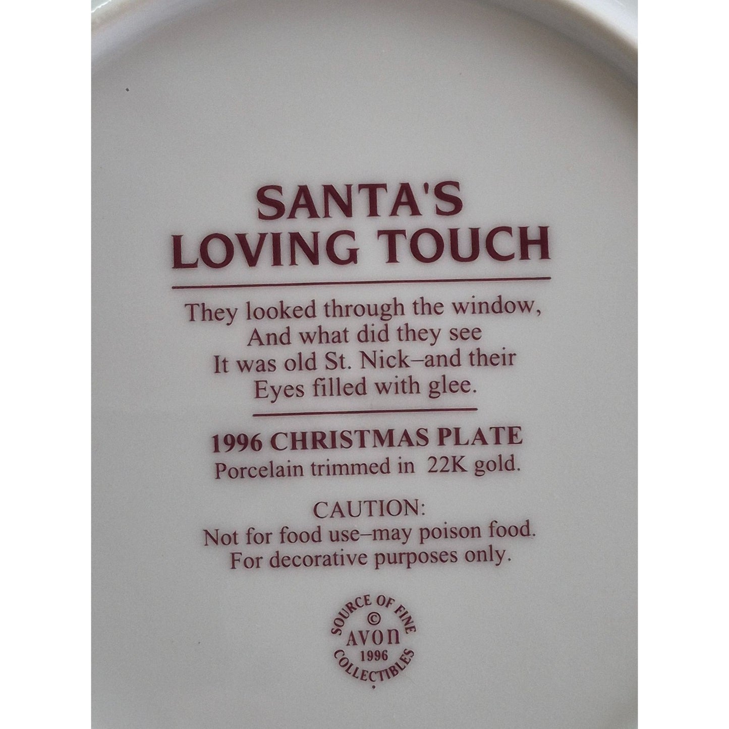 Santas Loving Touch 1996 Christmas Plate By Avon Porcelain Trimmed In 22K Gold Decorative Use Only