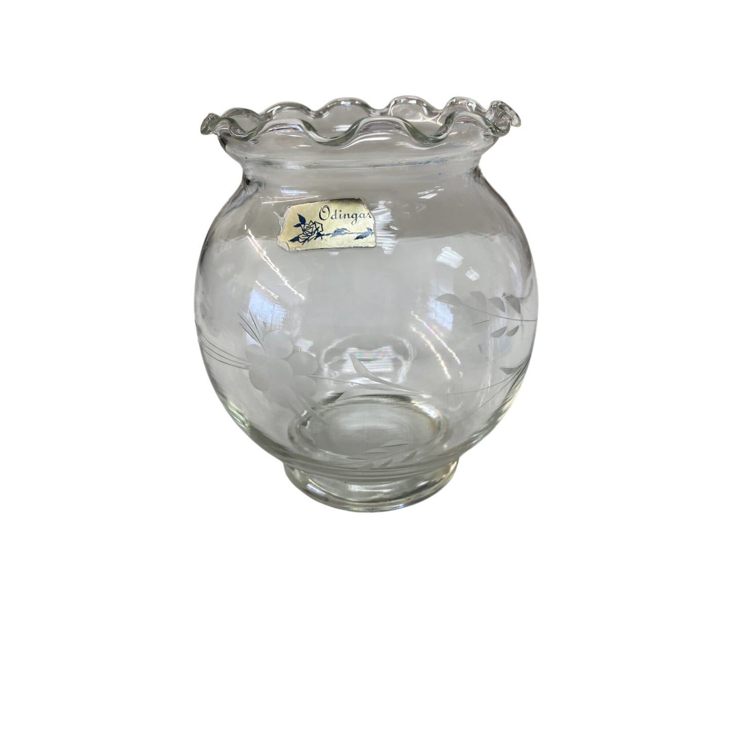 Vintage Odinger Clear Glass Etched Vase With Ruffled Edge