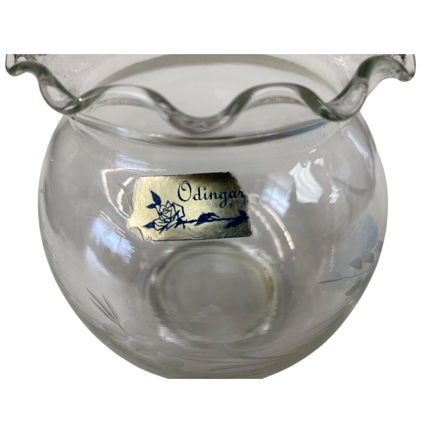 Vintage Odinger Clear Glass Etched Vase With Ruffled Edge