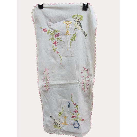 Vintage Hand-Embroidered Table Runner With Pink Crochet Edge & Floral Design