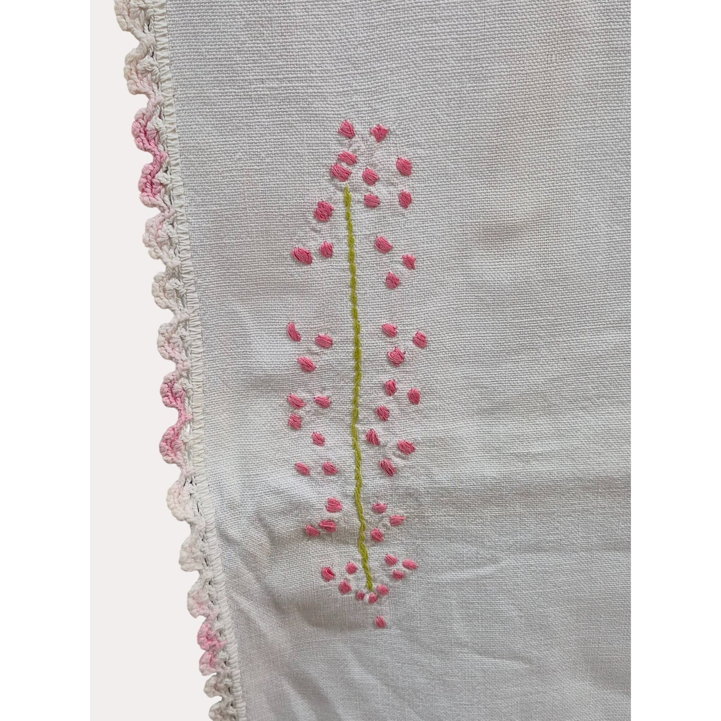 Vintage Hand-Embroidered Table Runner With Pink Crochet Edge & Floral Design