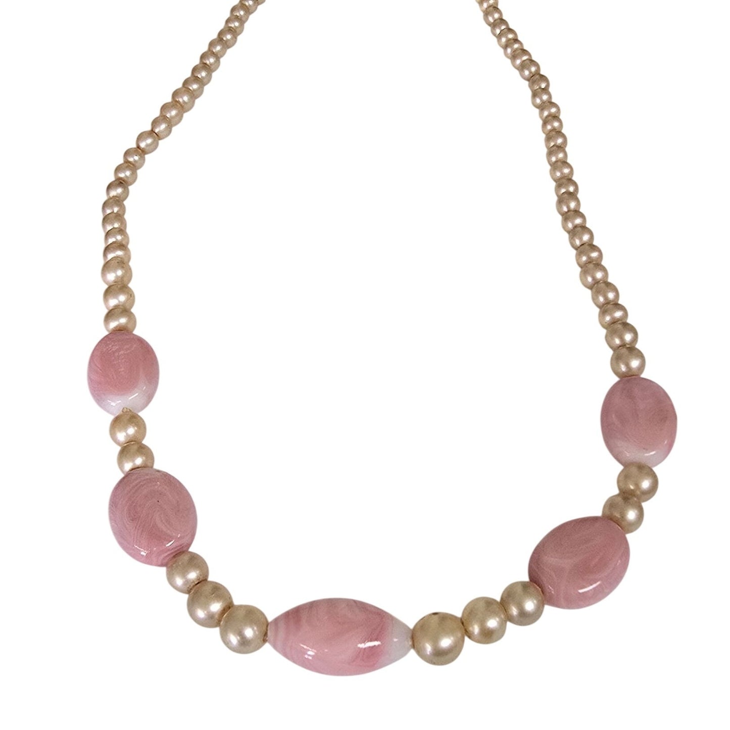 Vintage Pink & Cream Faux Pearl Necklace Marbled Beads