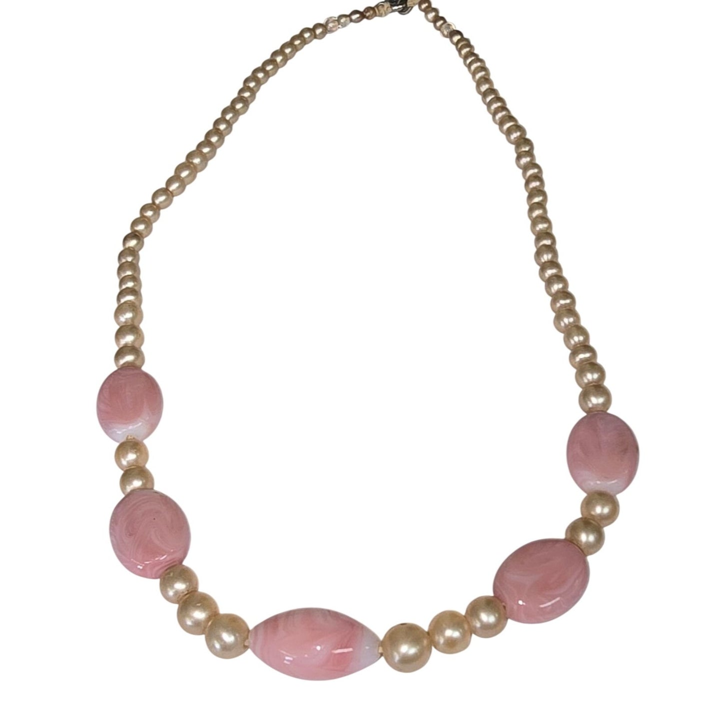 Vintage Pink & Cream Faux Pearl Necklace Marbled Beads