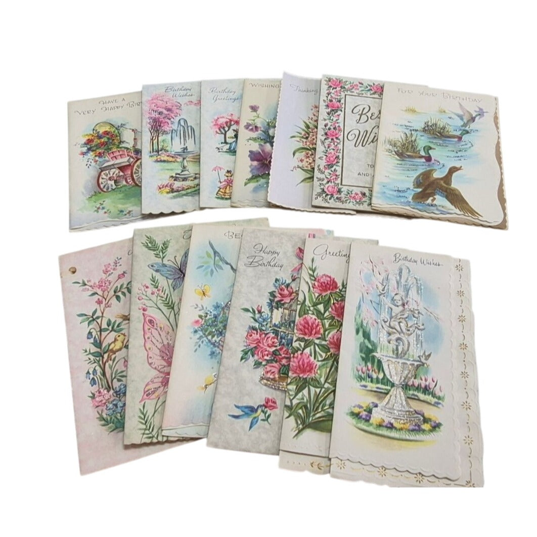 Vintage Parchment Greeting Cards Unused Lot 10 Floral Designs & Glitter Accents