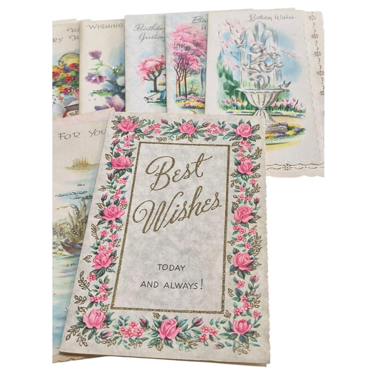 Vintage Parchment Greeting Cards Unused Lot 10 Floral Designs & Glitter Accents