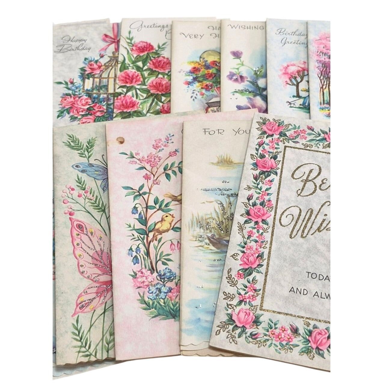 Vintage Parchment Greeting Cards Unused Lot 10 Floral Designs & Glitter Accents