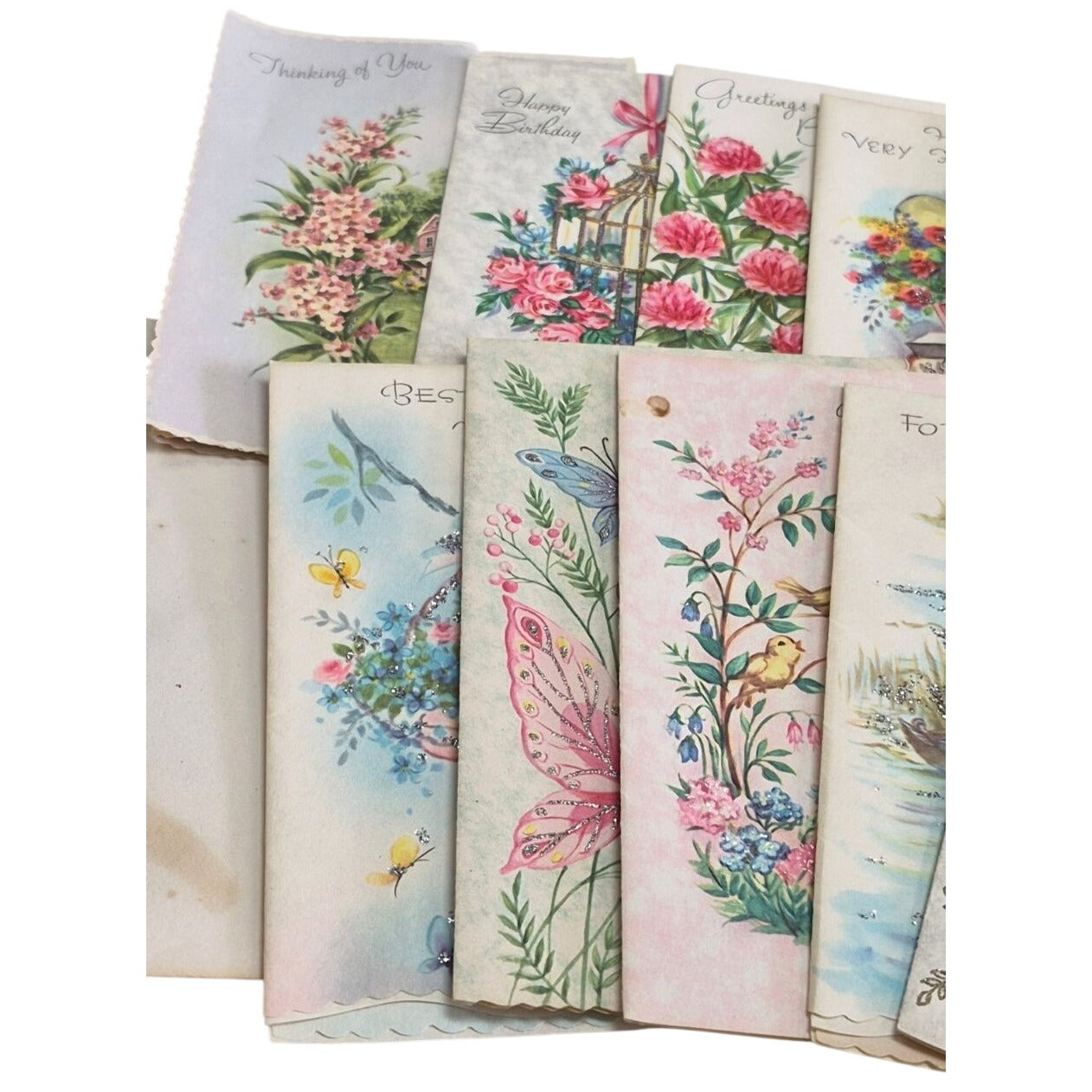 Vintage Parchment Greeting Cards Unused Lot 10 Floral Designs & Glitter Accents