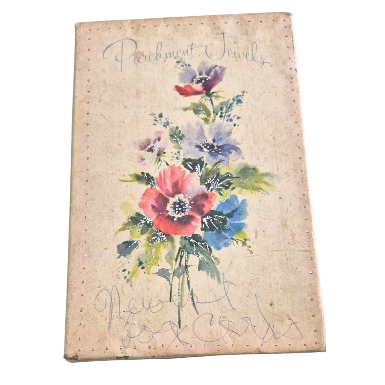 Vintage Parchment Greeting Cards Unused Lot 10 Floral Designs & Glitter Accents