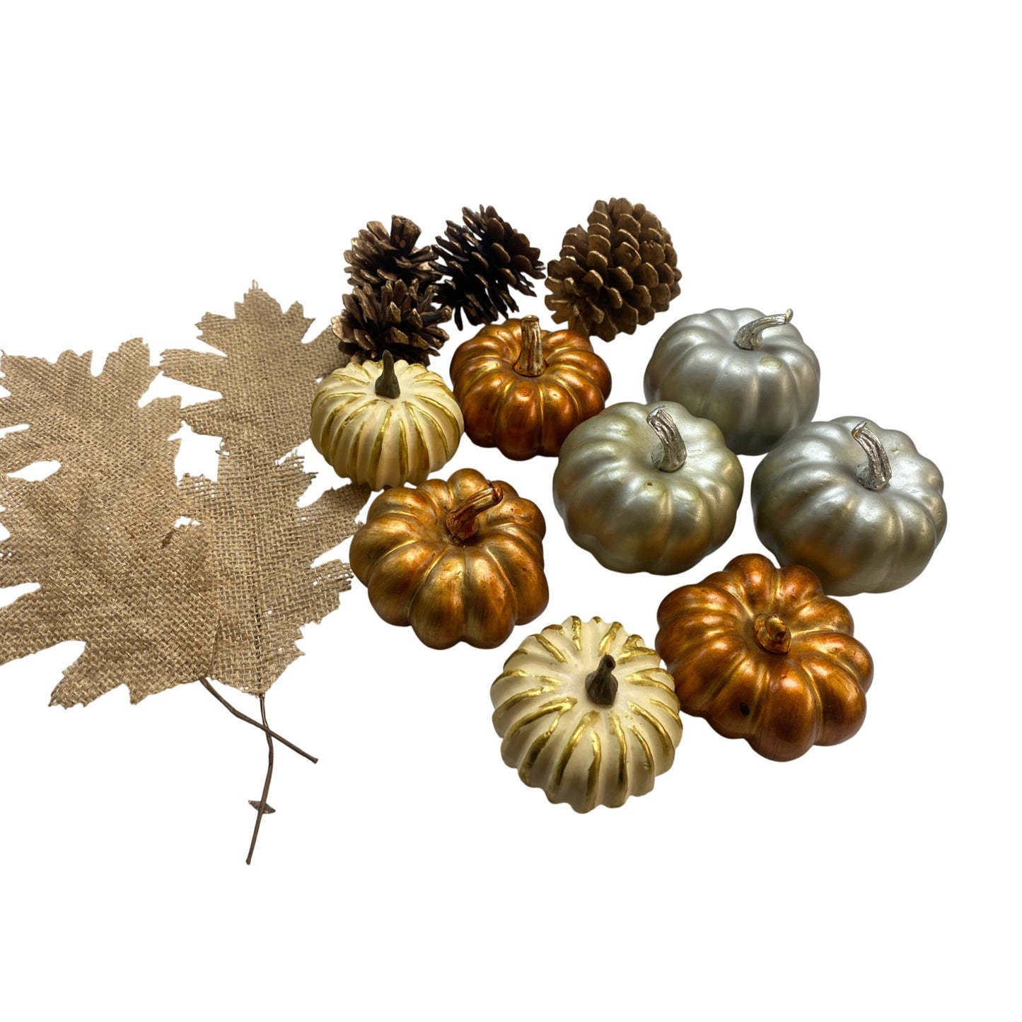 Decorative Autumn Harvest Set - Pumpkins Pinecones & Burlap Leaves