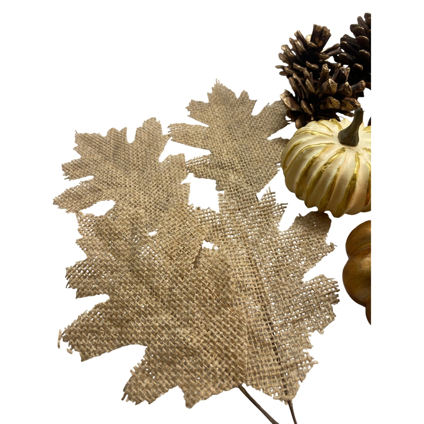 Decorative Autumn Harvest Set - Pumpkins Pinecones & Burlap Leaves