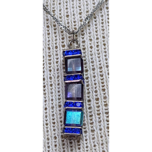 Blue Saphire Spectrum Square Stone Pendant Necklace 16 Inch .925 Sterling Silver Chain