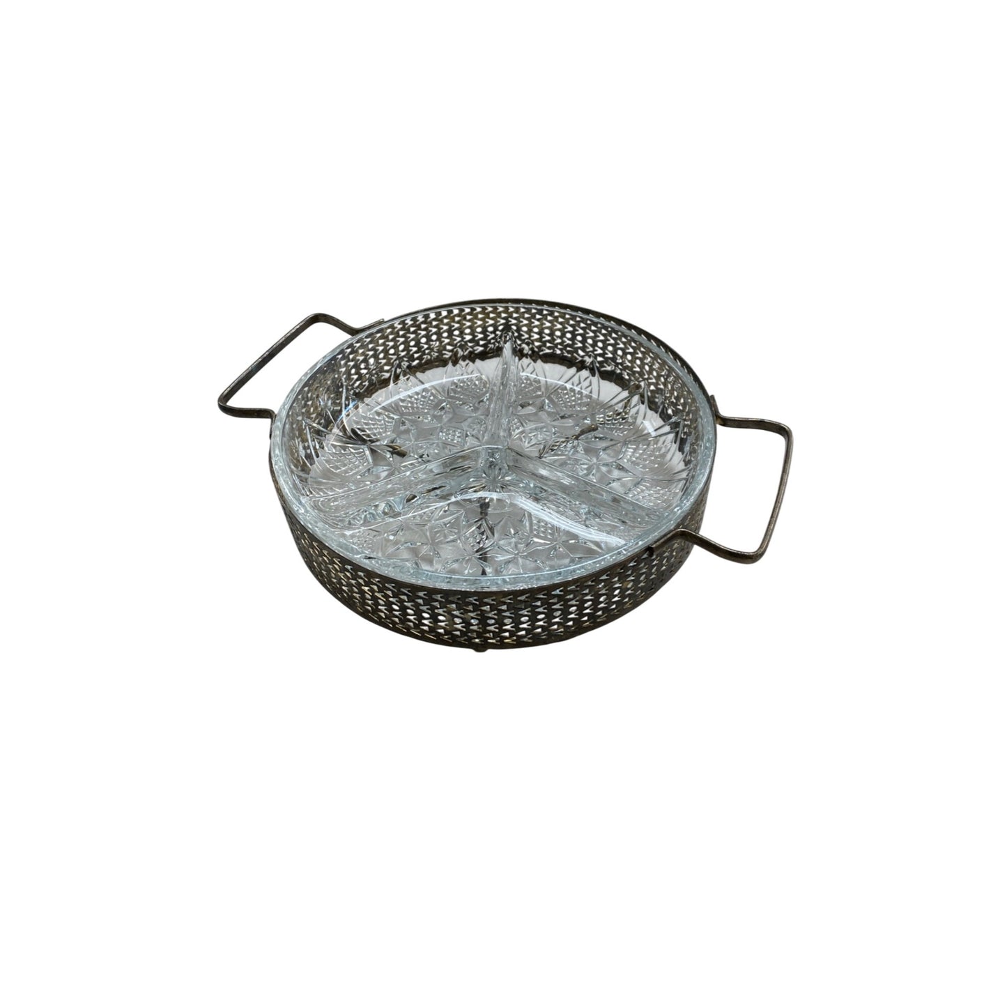 Vintage Glass & Metal Serving Tray With Handles & Floral Design