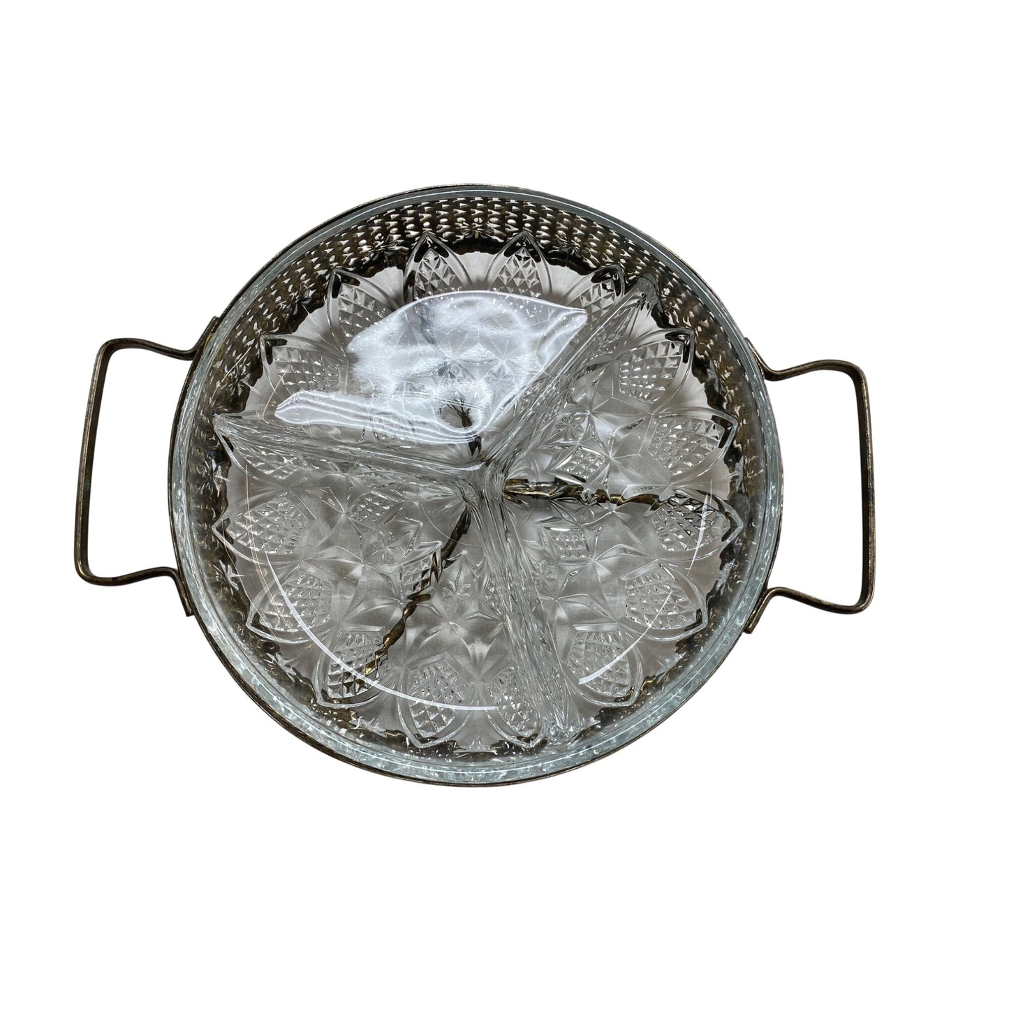 Vintage Glass & Metal Serving Tray With Handles & Floral Design