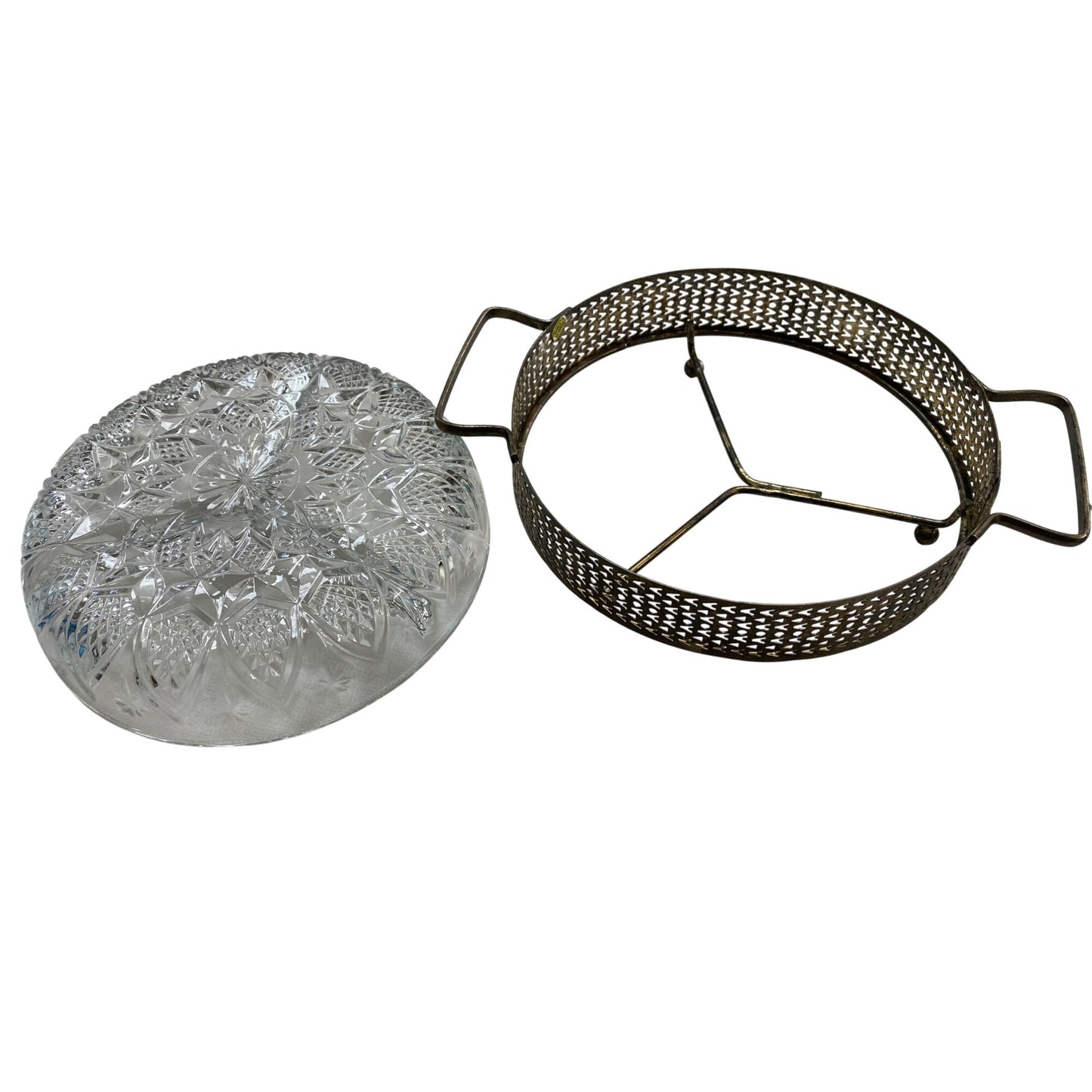 Vintage Glass & Metal Serving Tray With Handles & Floral Design