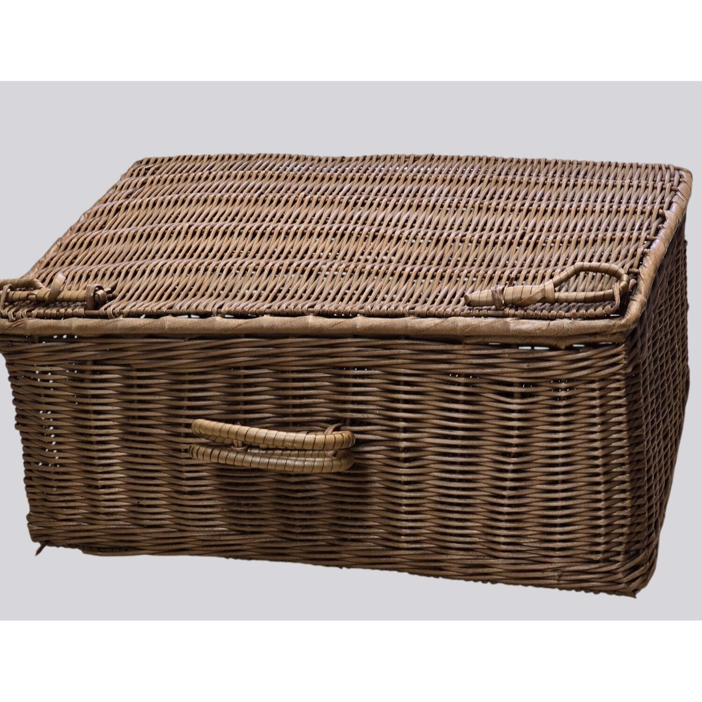 Vintage Brown Wicker Picnic Basket Hamper With Handle & Side Latches