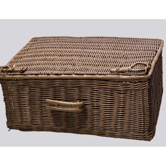 Vintage Brown Wicker Picnic Basket Hamper With Handle & Side Latches