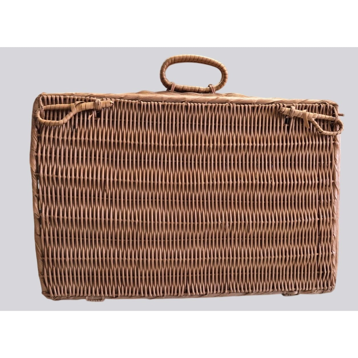 Vintage Brown Wicker Picnic Basket Hamper With Handle & Side Latches