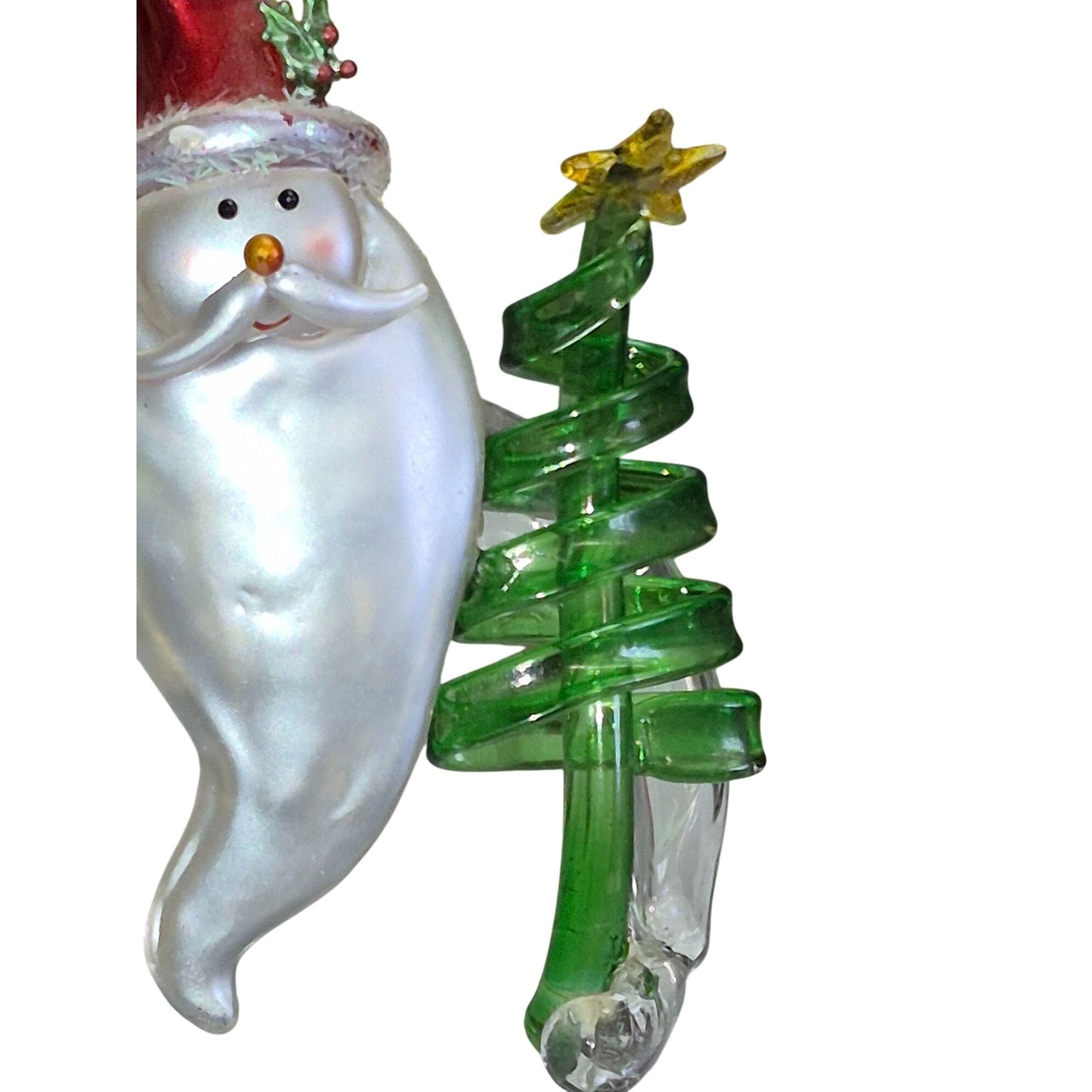 Blown Glass Santa Figurine With Christmas Tree & Bird Decoration