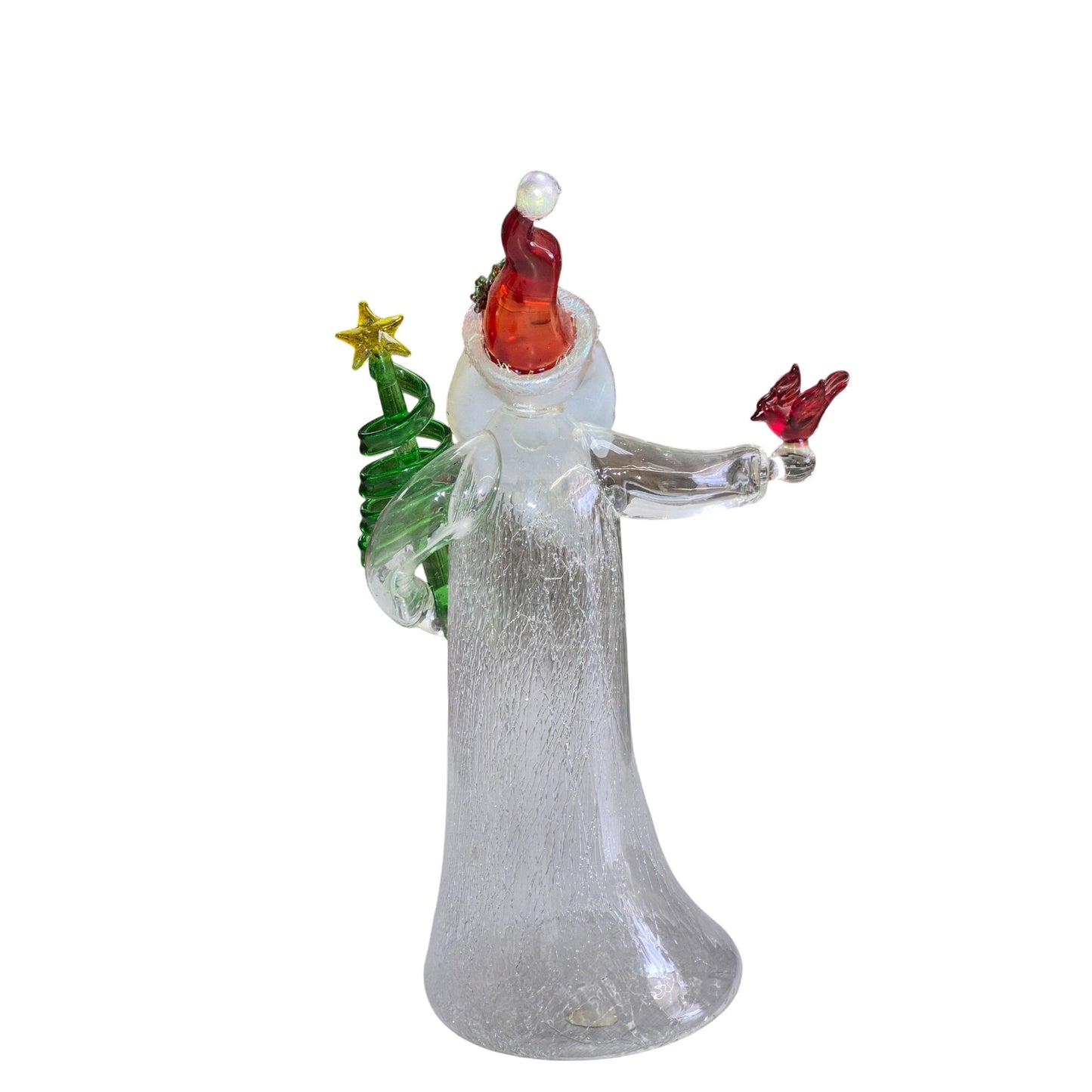 Blown Glass Santa Figurine With Christmas Tree & Bird Decoration