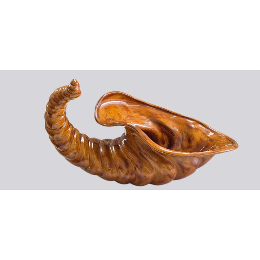 Vintage Ceramic Cornucopia Horn of Plenty Vase Handmade Brown Gloss Centerpiece