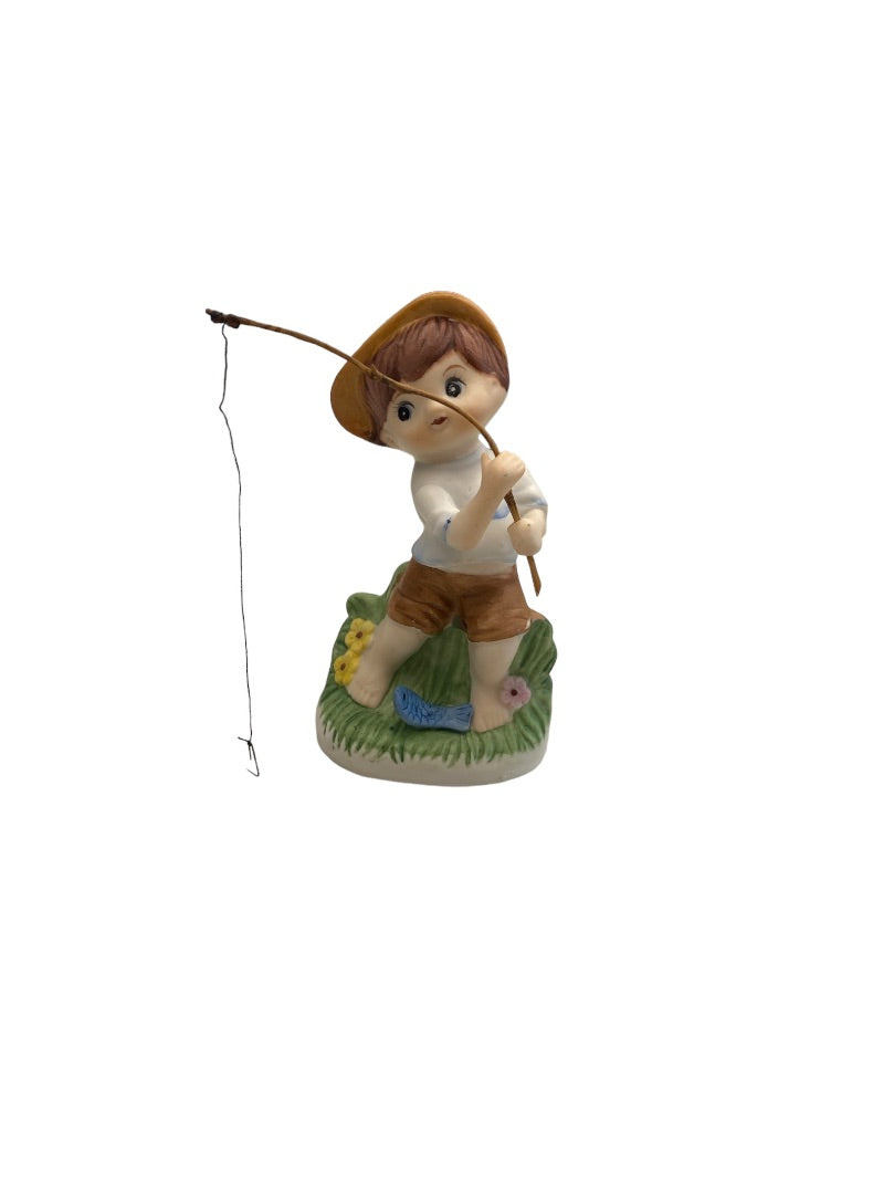 Vintage Ceramic Boy Fishing Poll with Hook Standing in Grass Made in Korea