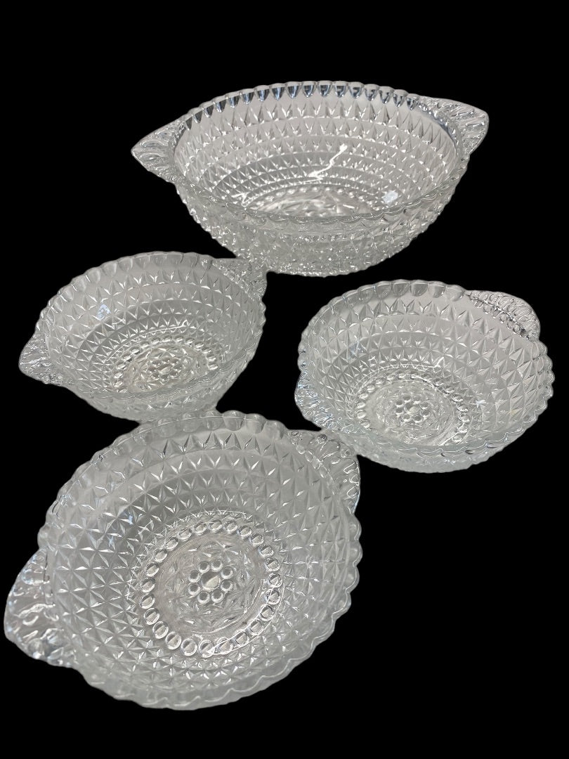 Clear Crystal Cut Diamond Double Handled Bowl Set
