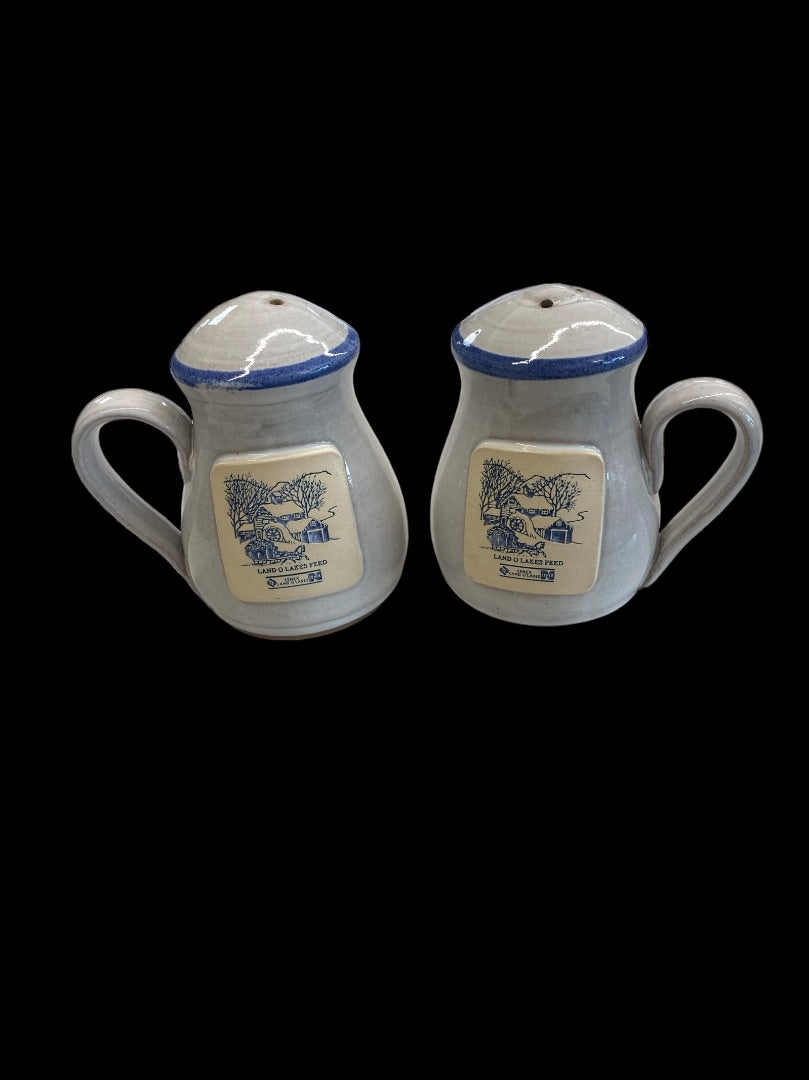 Vintage 1993 Land o' Lakes Feed Salt and Pepper Shakers Set Cenex Stoneware, 5"x