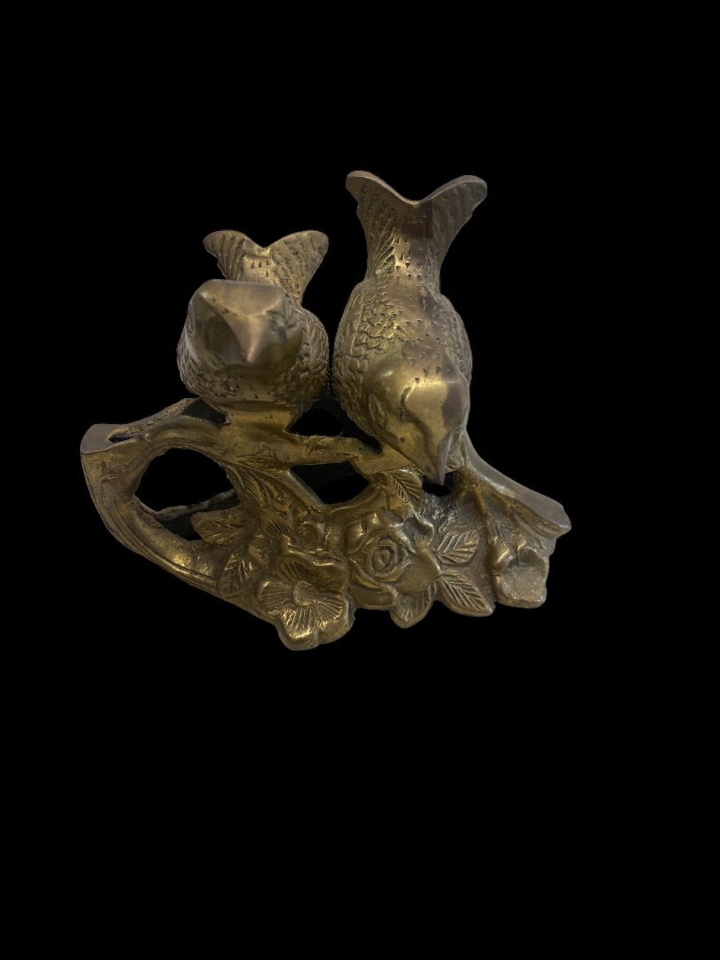 Vintage 1960s Brass Love Birds Perched On A Branch With Flowers Figurine