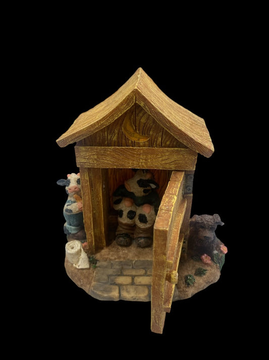 Cows and Dog With Outhouse Figurine Door Opens