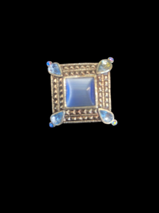 VINTAGE Silver Tone Square Blue Stone Brooch Pin