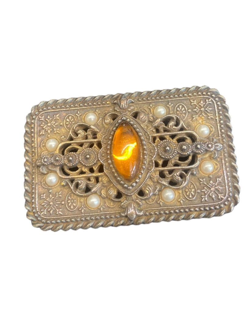 VINTAGE Large Faux Pearl and Stone Glass Orange Cabochon Brooch Pin