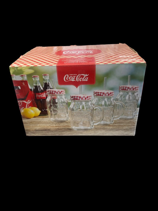 Vintage Coca-Cola Country Classic 4pc 20oz Mason Jar W/Lids & Straw Clear Emboss