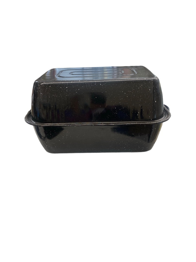 Vintage 16 in Rectangle Roaster Black Specked Enamel with Lid