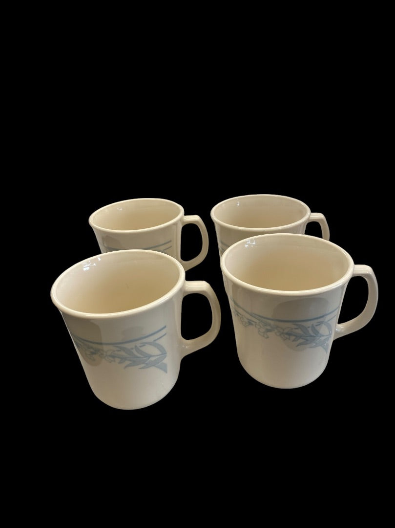 Corning Corelle Beige Coffee Cup Blue Leaf Flower Pattern Retired Set of 4