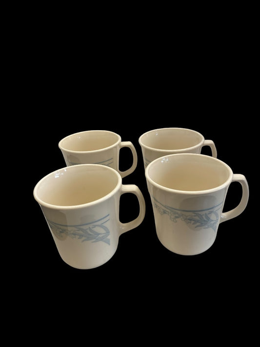 Corning Corelle Beige Coffee Cup Blue Leaf Flower Pattern Retired Set of 4