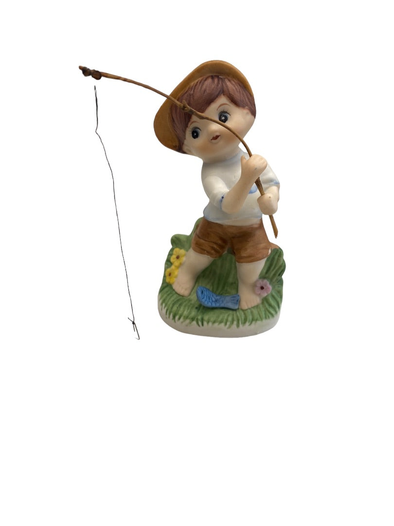 Vintage Ceramic Boy Fishing Poll with Hook Standing in Grass Made in Korea
