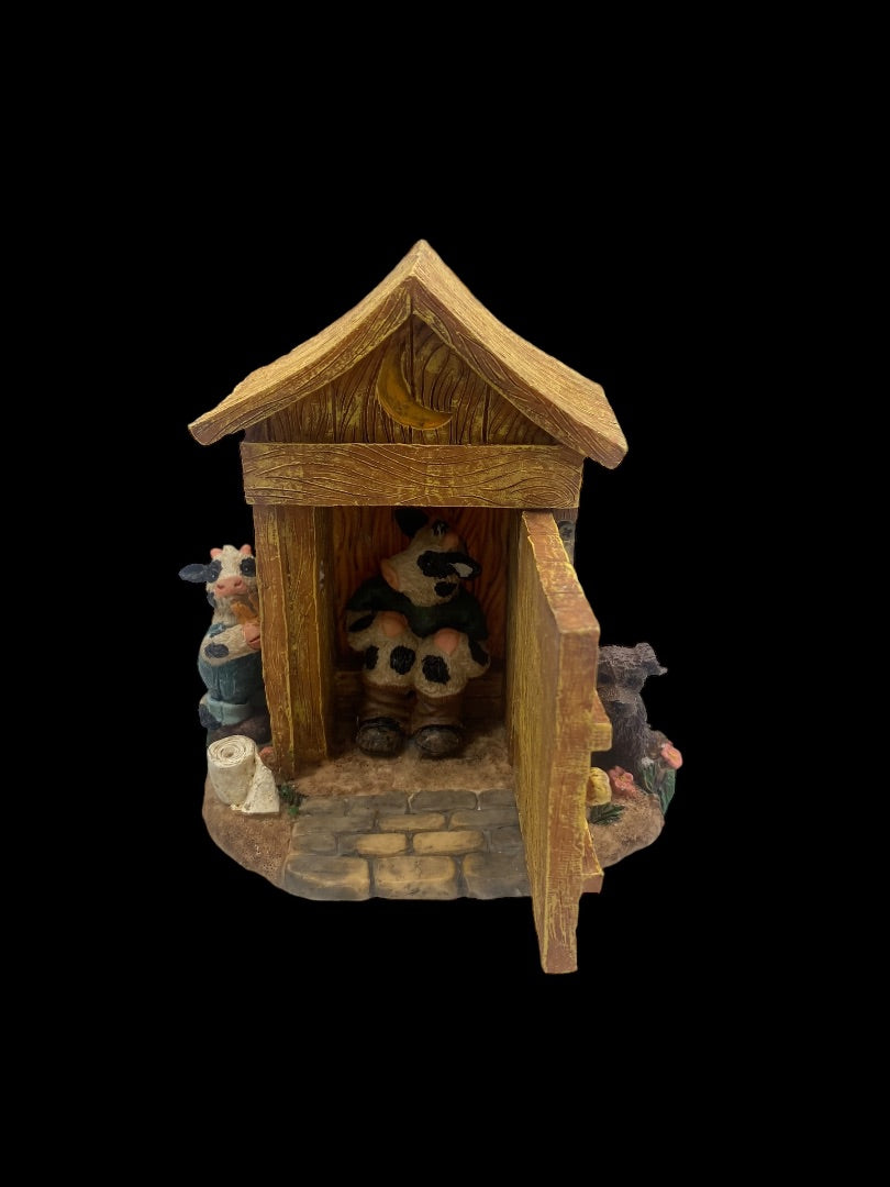 Cows and Dog With Outhouse Figurine Door Opens