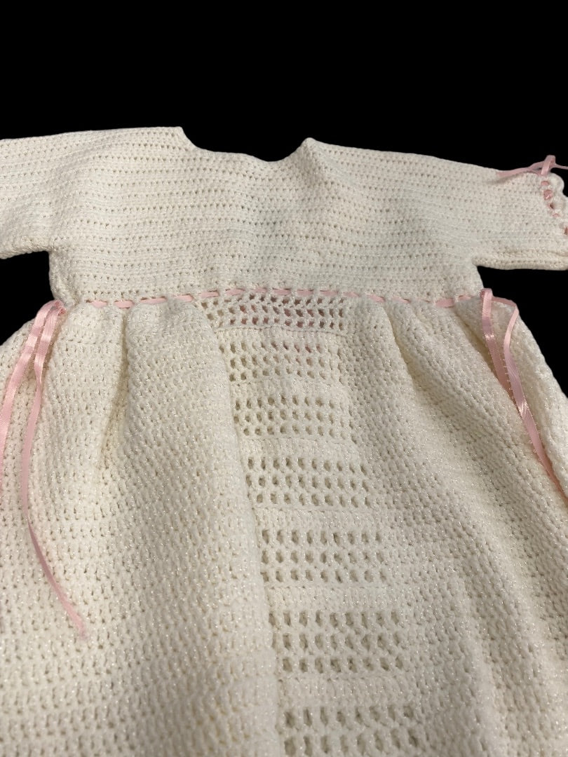 Handmade Crochet Baby Baptismal Gown Dress White Pink Ribbon