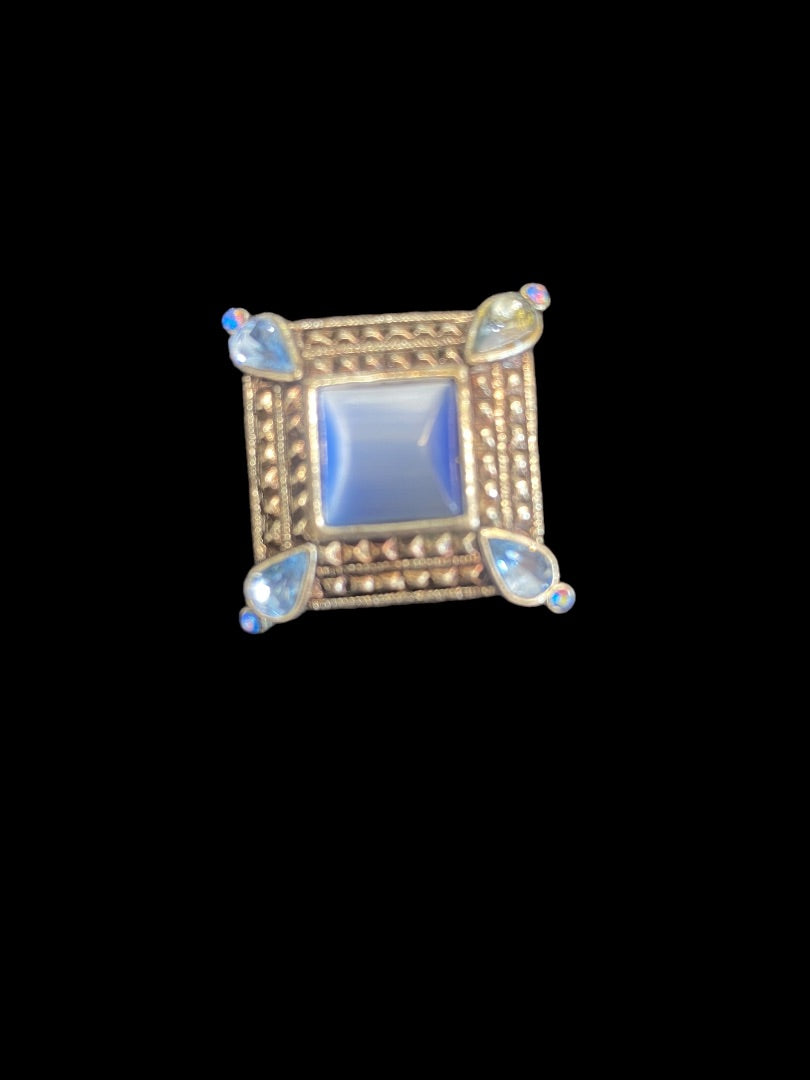VINTAGE Silver Tone Square Blue Stone Brooch Pin