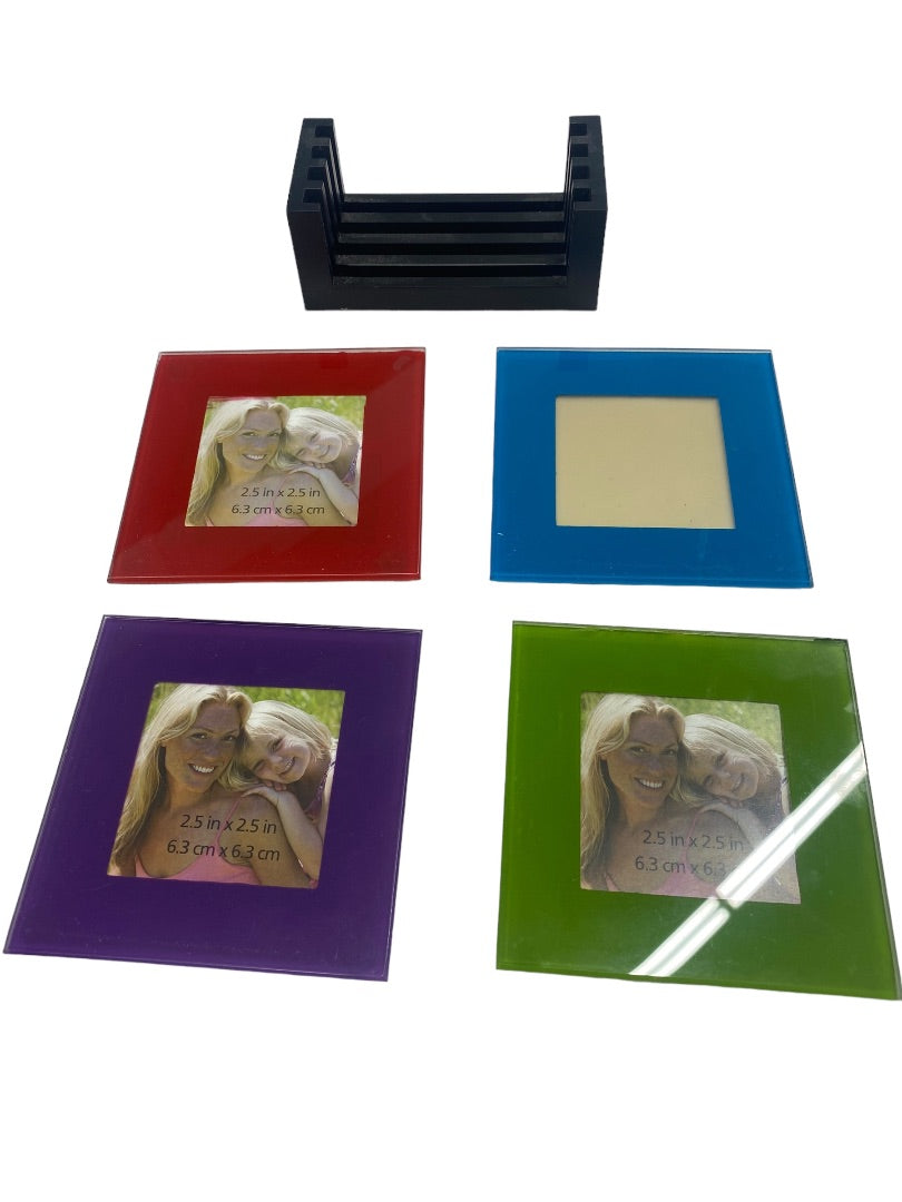 Glass Photo Square Coasters Set 4 with Holder