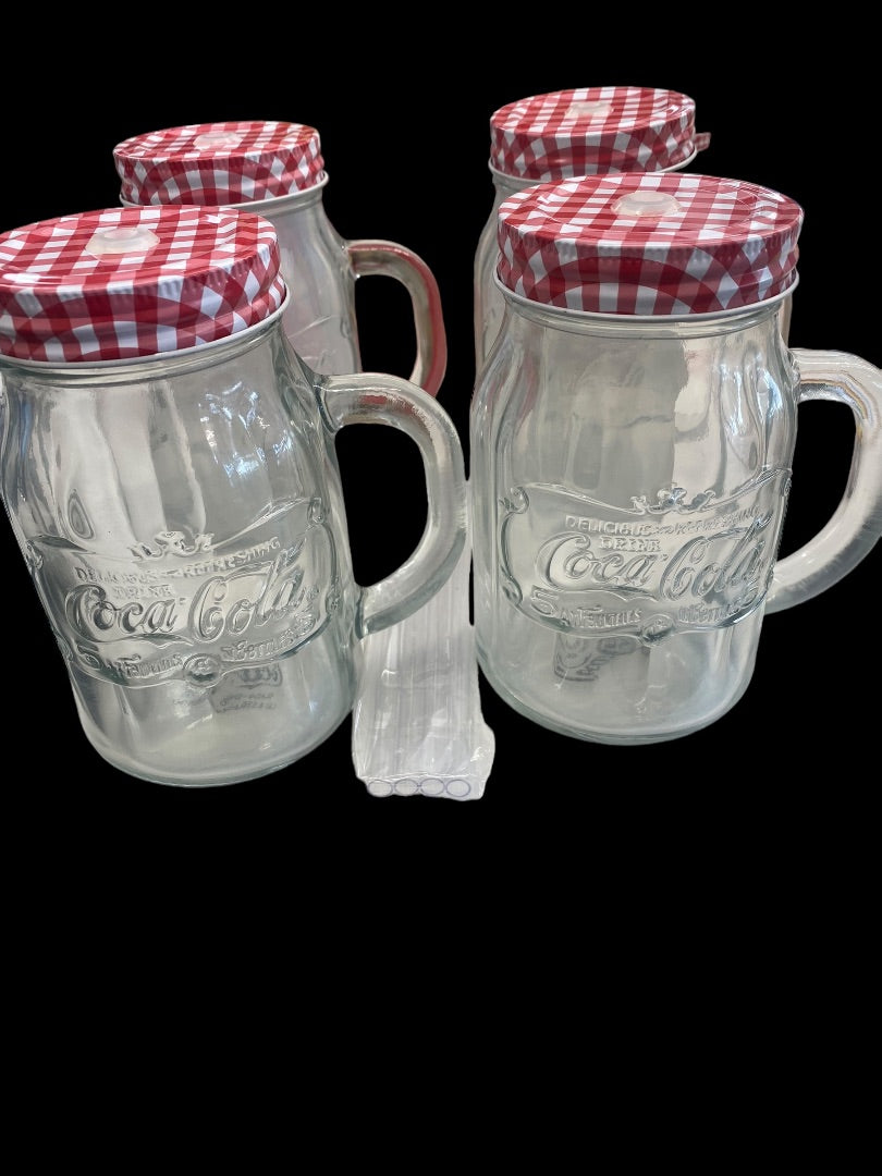 Vintage Coca-Cola Country Classic 4pc 20oz Mason Jar W/Lids & Straw Clear Emboss