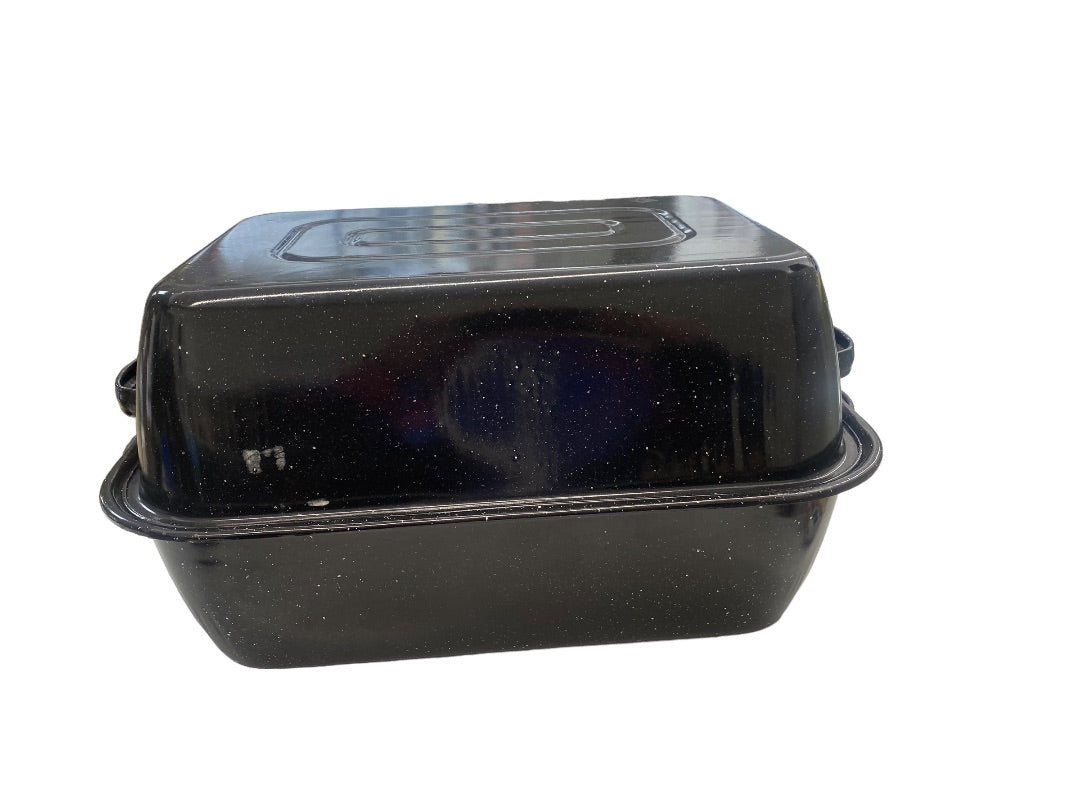 Vintage 16 in Rectangle Roaster Black Specked Enamel with Lid