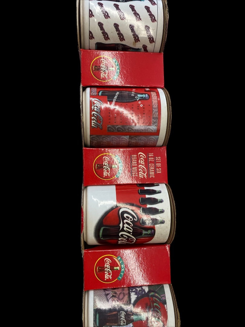 VINTAGE Set 6 Coca-Cola Coke Collectible 16oz Ceramic 1996 Mugs Cups in Box