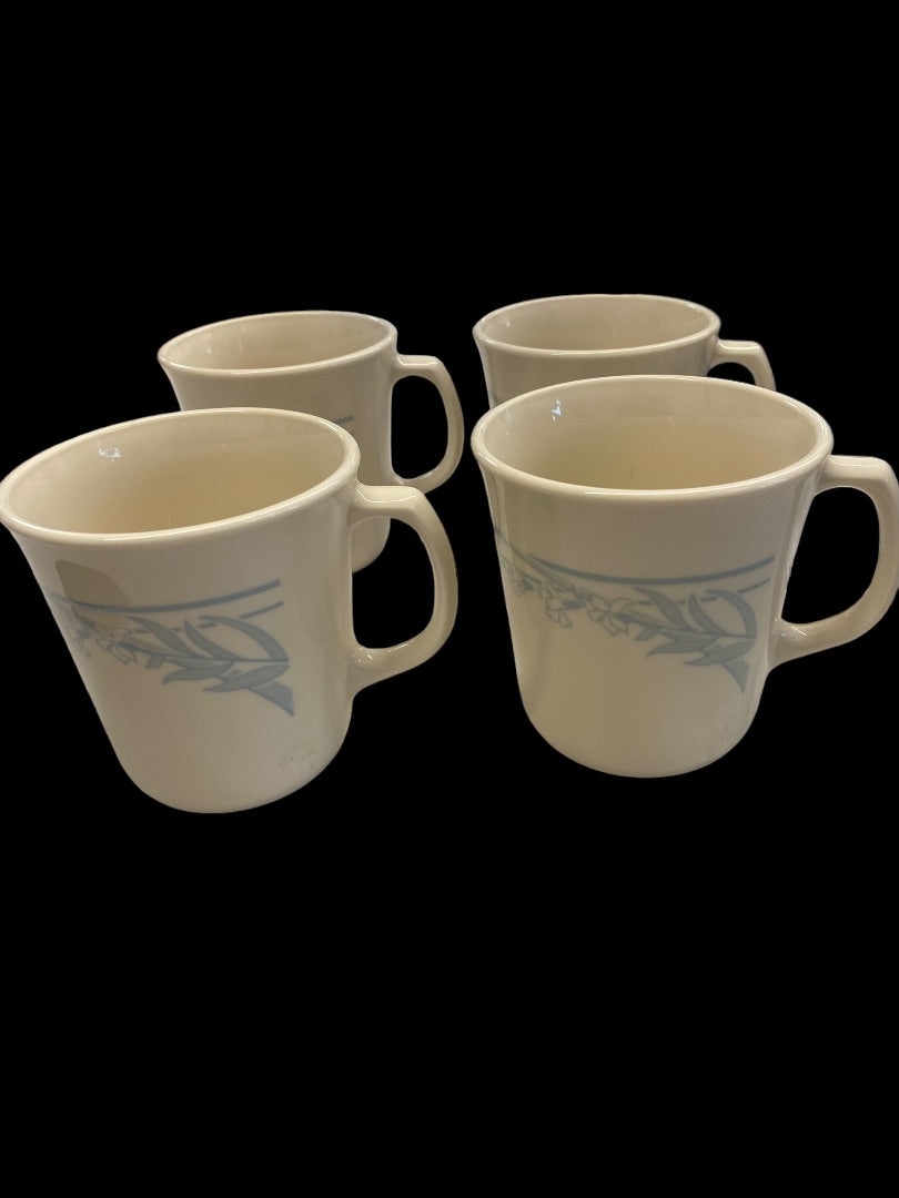 Corning Corelle Beige Coffee Cup Blue Leaf Flower Pattern Retired Set of 4