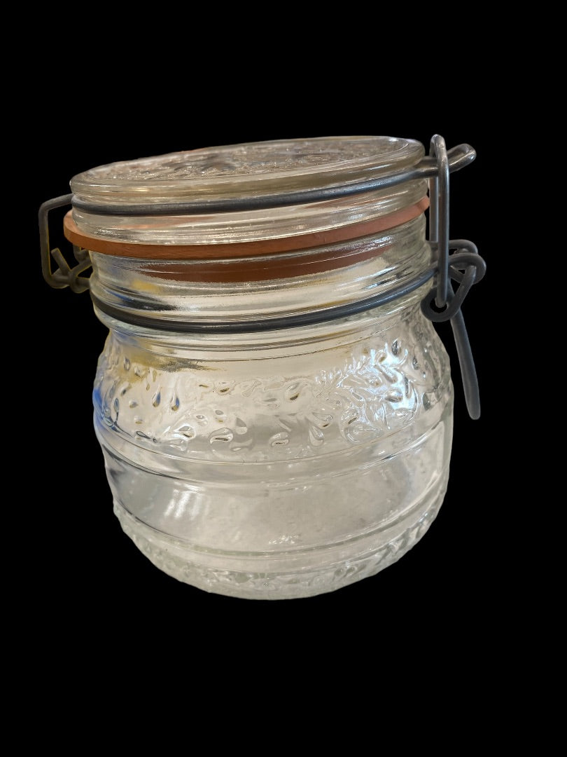 VINTAGE Italian Floral Cove Glass Metal Handle Jar with Rubber Seal