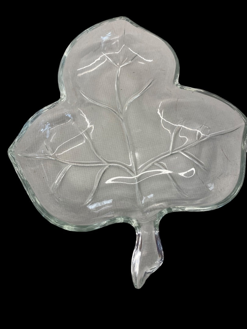 Vintage Clear Glass Leaf Candy Nut Dish Plate