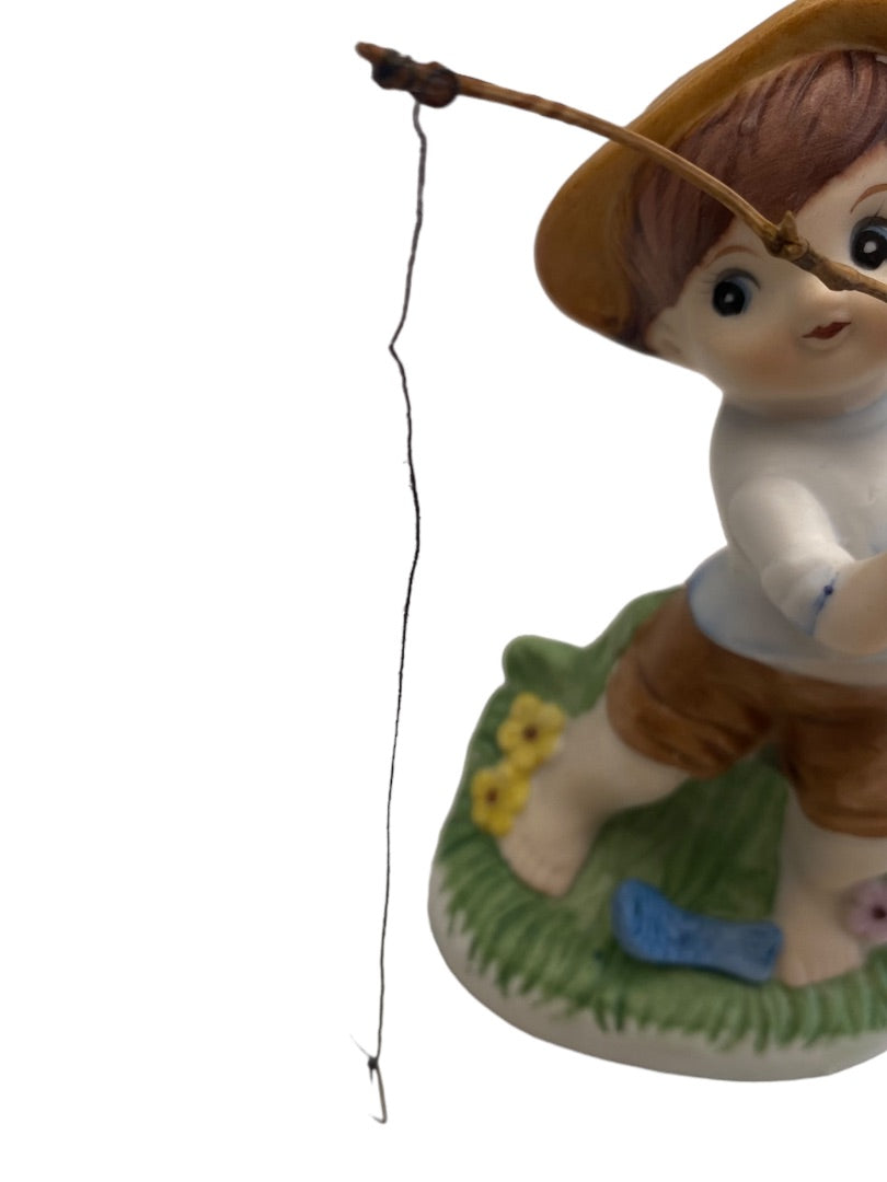 Vintage Ceramic Boy Fishing Poll with Hook Standing in Grass Made in Korea