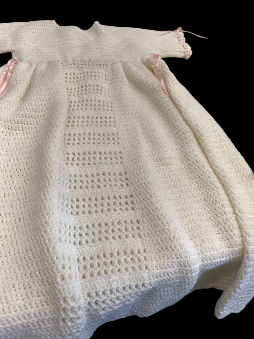 Handmade Crochet Baby Baptismal Gown Dress White Pink Ribbon